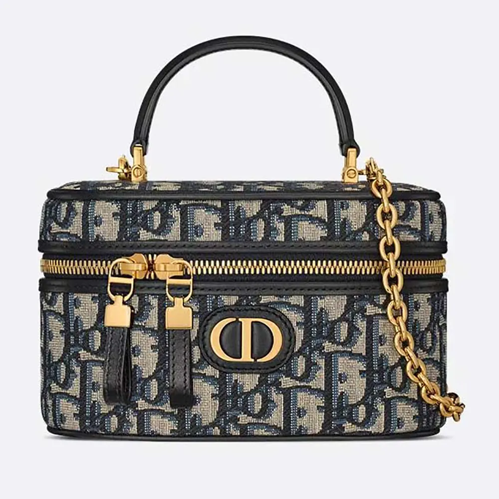 Front view of Dior Women 30 Montaigne Mini Vanity Case Blue Dior Oblique Jacquard