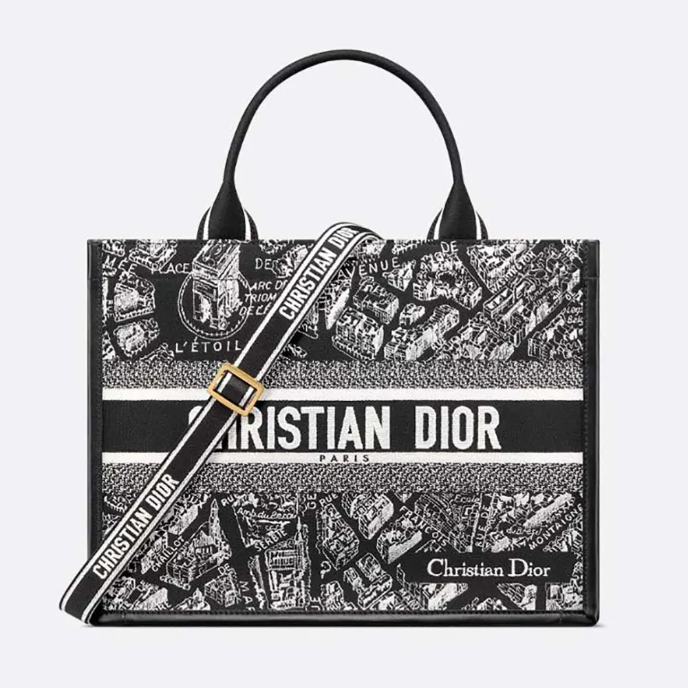 Front view of Dior Women Medium Dior Book Tote Black and White Plan de Paris Embroidery
