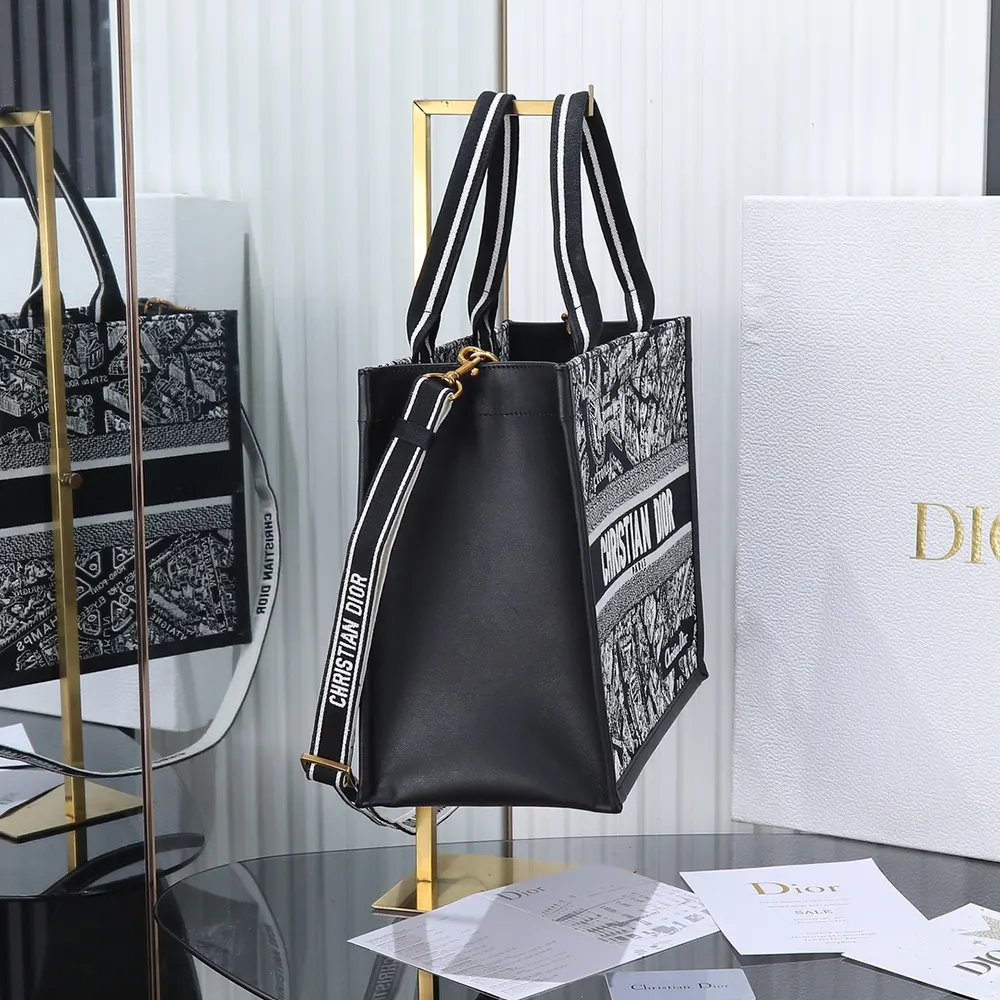 Dior Women Medium Dior Book Tote Black and White Plan de Paris Embroidery with Black Calfskin - image 5