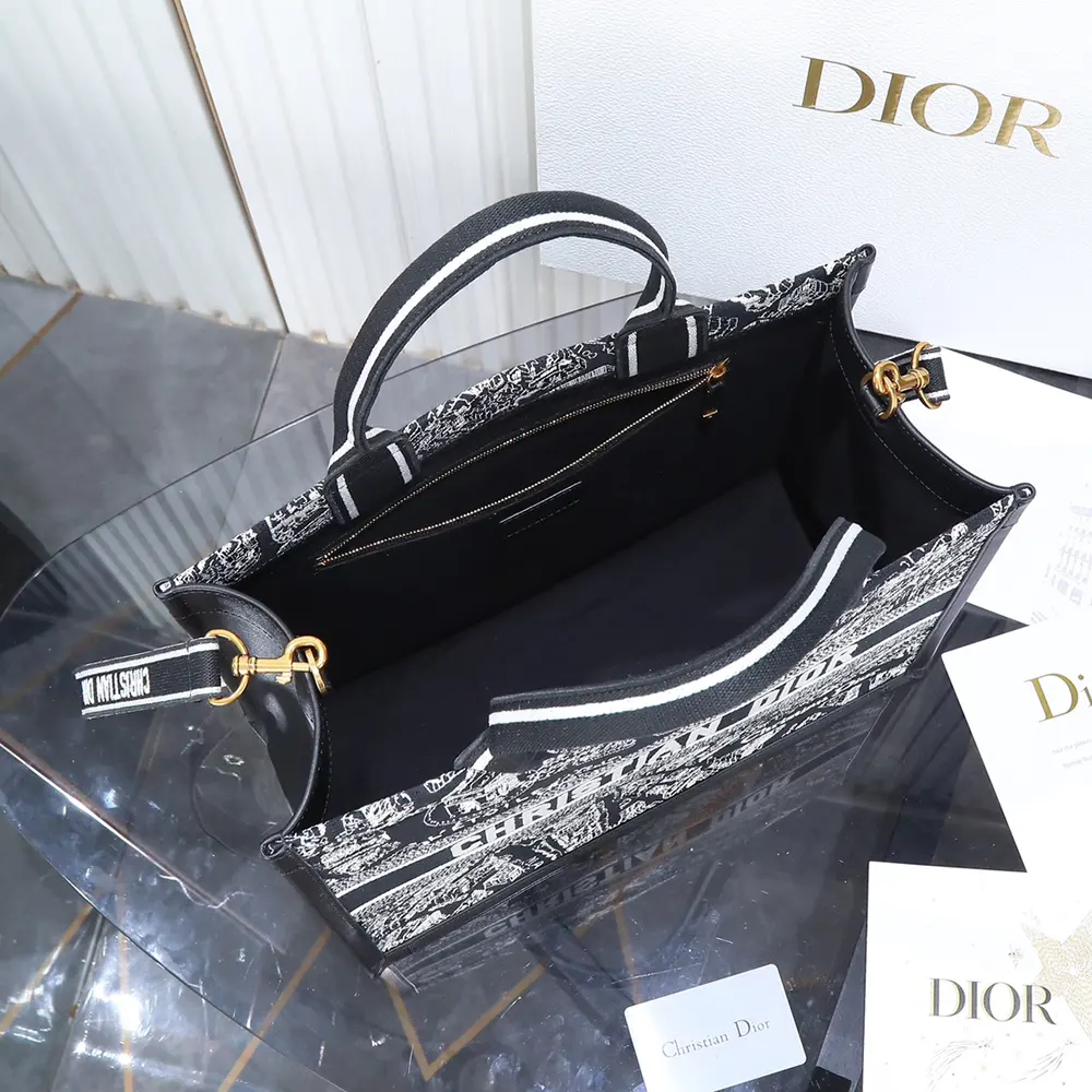 Dior Women Medium Dior Book Tote Black and White Plan de Paris Embroidery with Black Calfskin - image 8