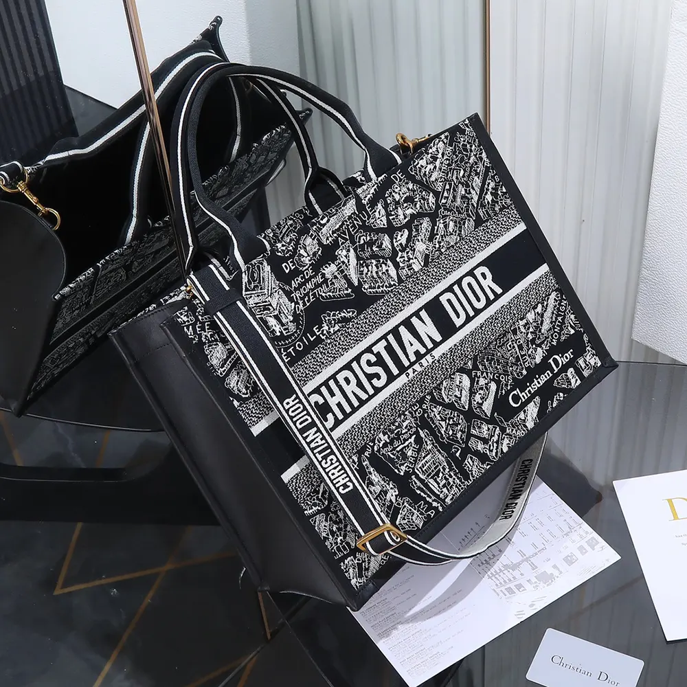 Dior Women Medium Dior Book Tote Black and White Plan de Paris Embroidery with Black Calfskin - image 4