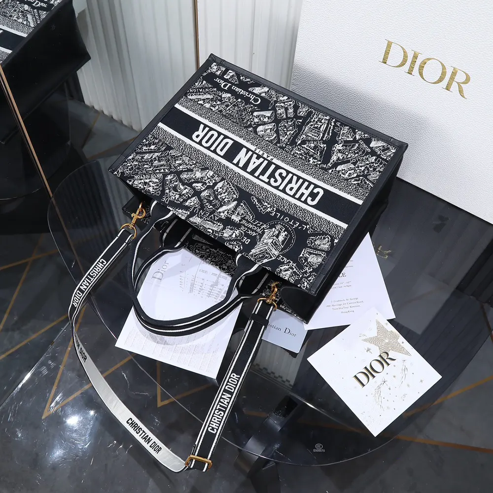 Dior Women Medium Dior Book Tote Black and White Plan de Paris Embroidery with Black Calfskin - image 6