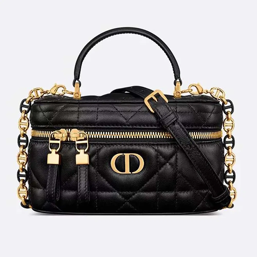 Front view of Dior Women Caro Mini Vanity Case Black Macrocannage Lambskin