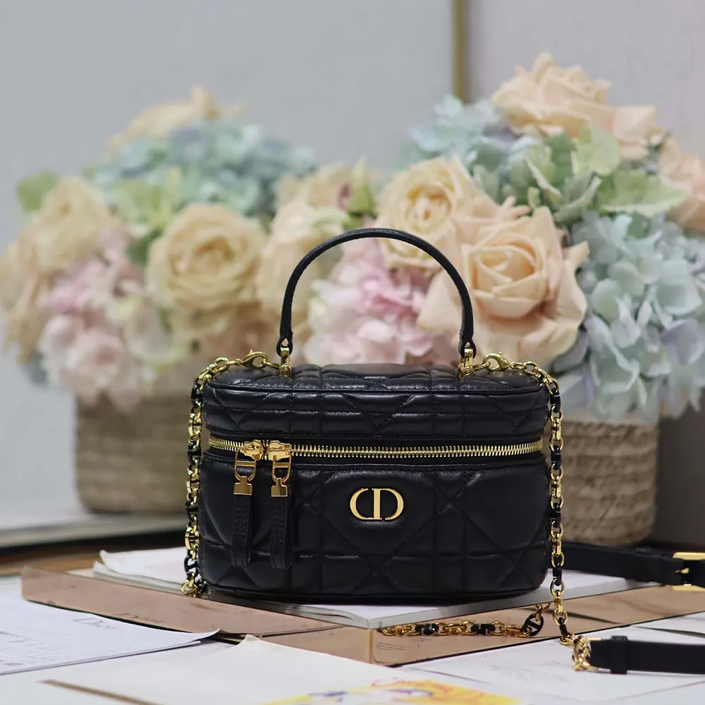 Close-up of macrocannage stitching and silver hardware on Dior mini vanity