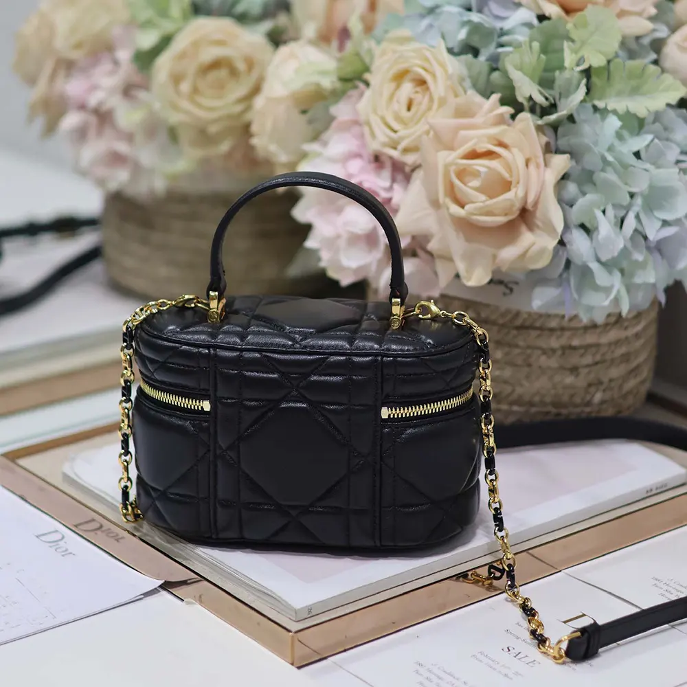 Side angle showing compact silhouette of Dior Women Caro Mini Vanity Case