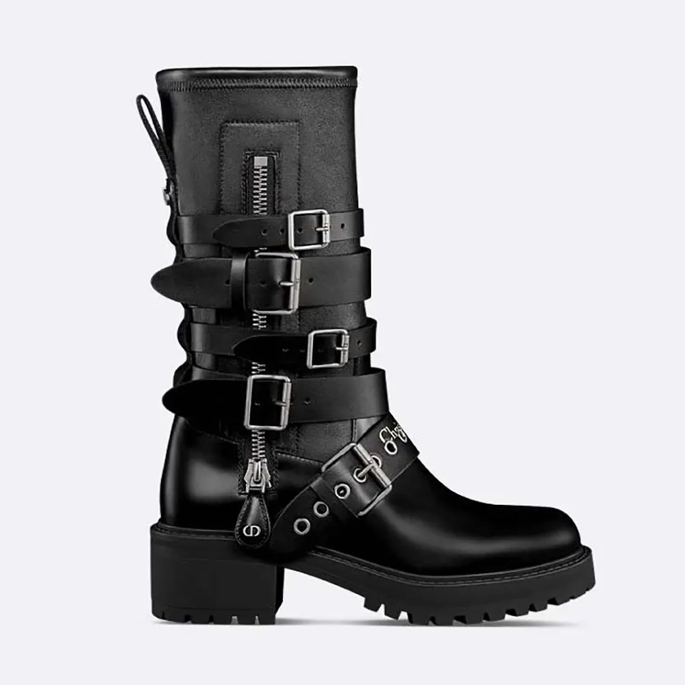Side profile of Dior Women D-Fight Ankle Boot Black Calfskin and Leather-Effect Stretch