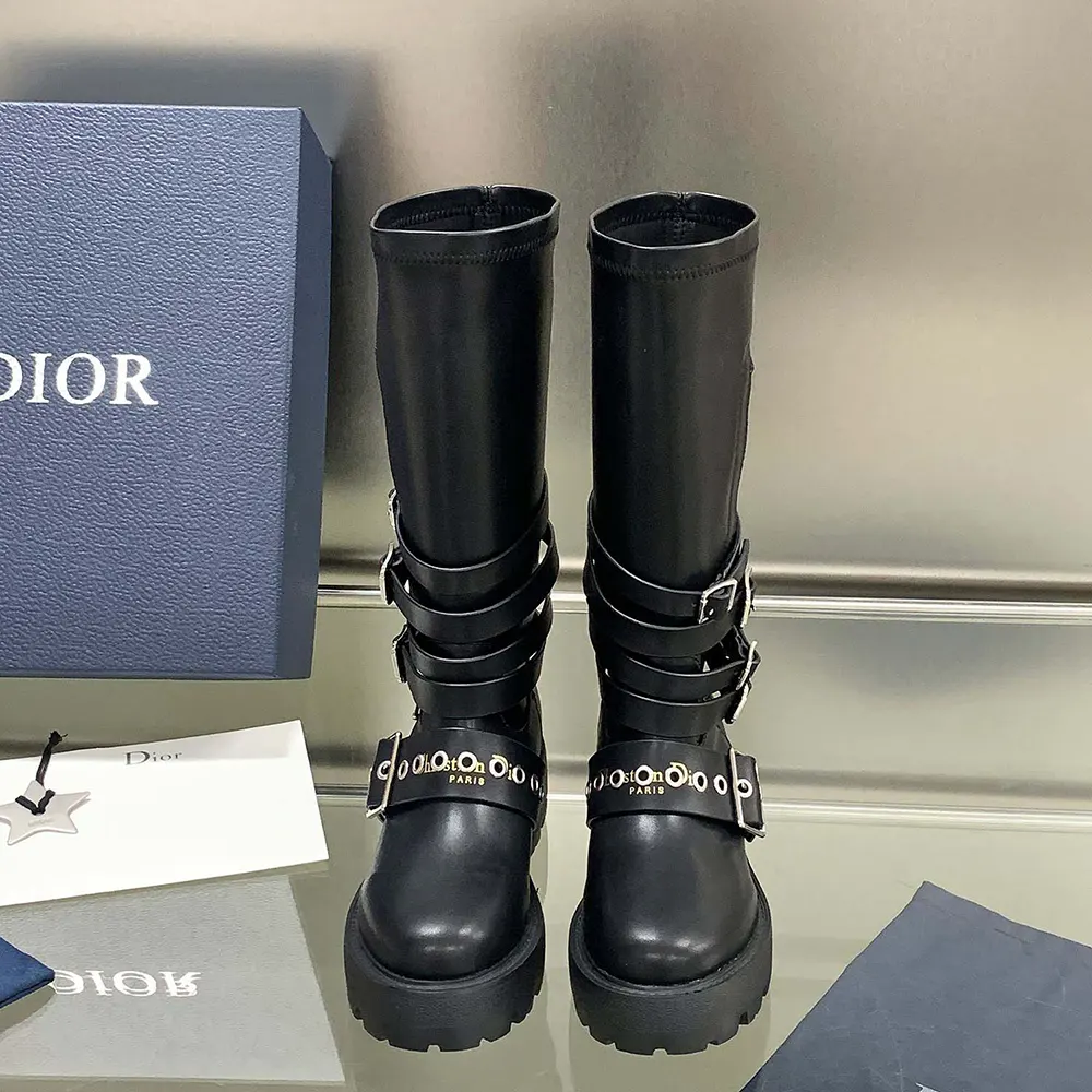 Close-up of silver-tone Dior hardware on Black Calfskin ankle boot
