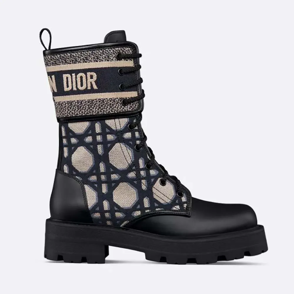 Side view of Dior Women D-Major Ankle Boot Black Calfskin with Deep Blue