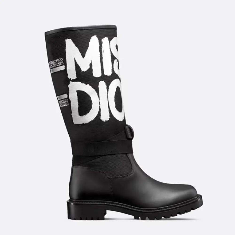 Side view of Dior Women D-Major Boot Black Technical Fabric with graffiti print