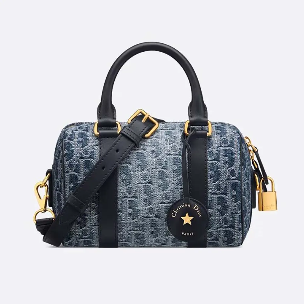 Front angle of Dior Women Groove 20 Bag Blue Denim Dior Oblique Jacquard