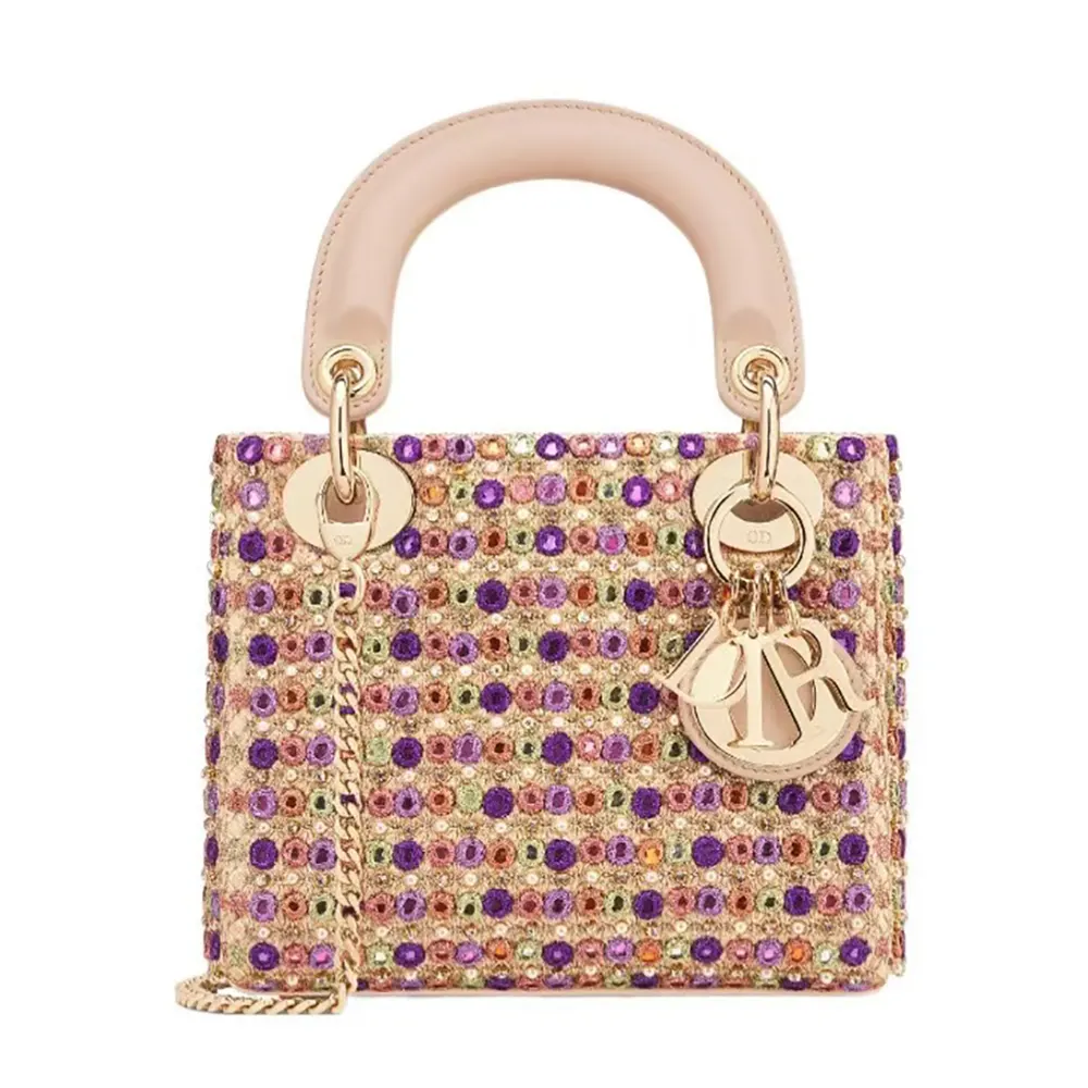 Front view of Dior Women Lady Dior Bag Metallic Calfskin and Satin with bead embroidery