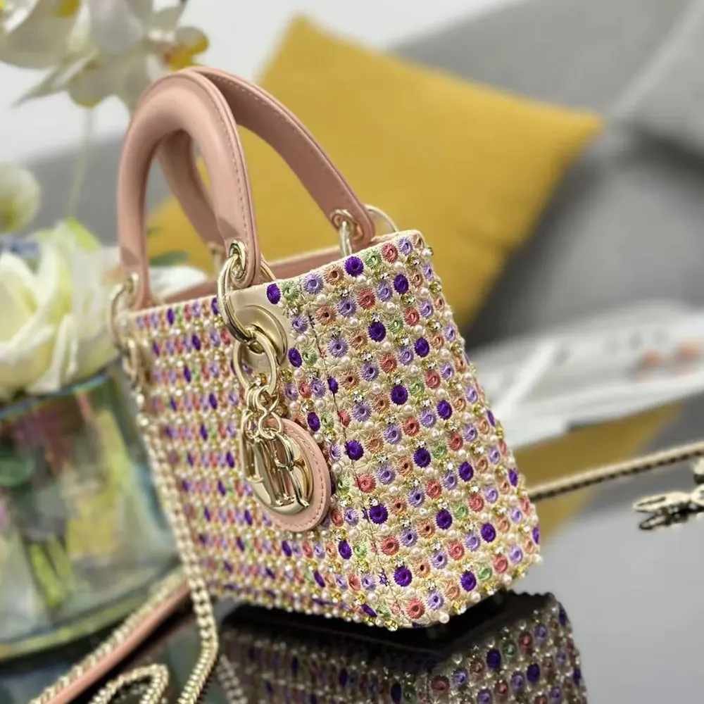 Dior Women Lady Dior Bag Metallic Calfskin and Satin with Celestial Pink Bead Embroidery - image 4