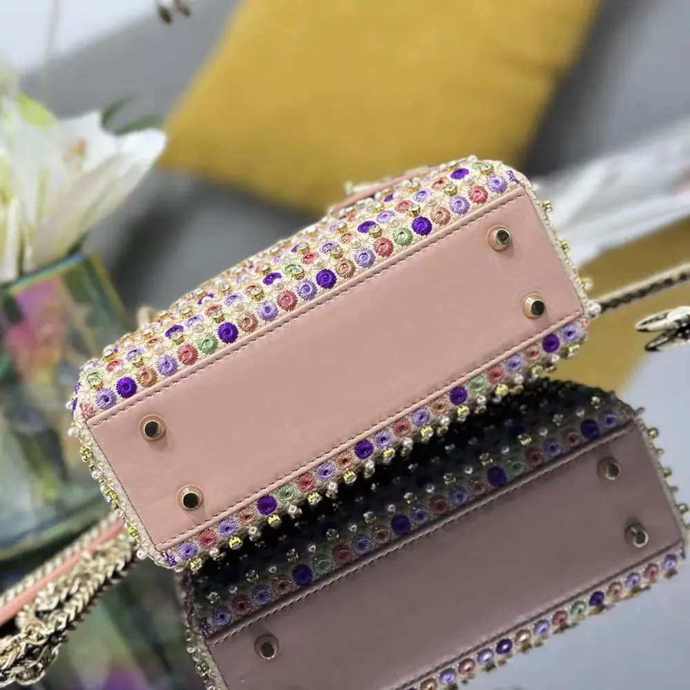 Dior Women Lady Dior Bag Metallic Calfskin and Satin with Celestial Pink Bead Embroidery - image 5