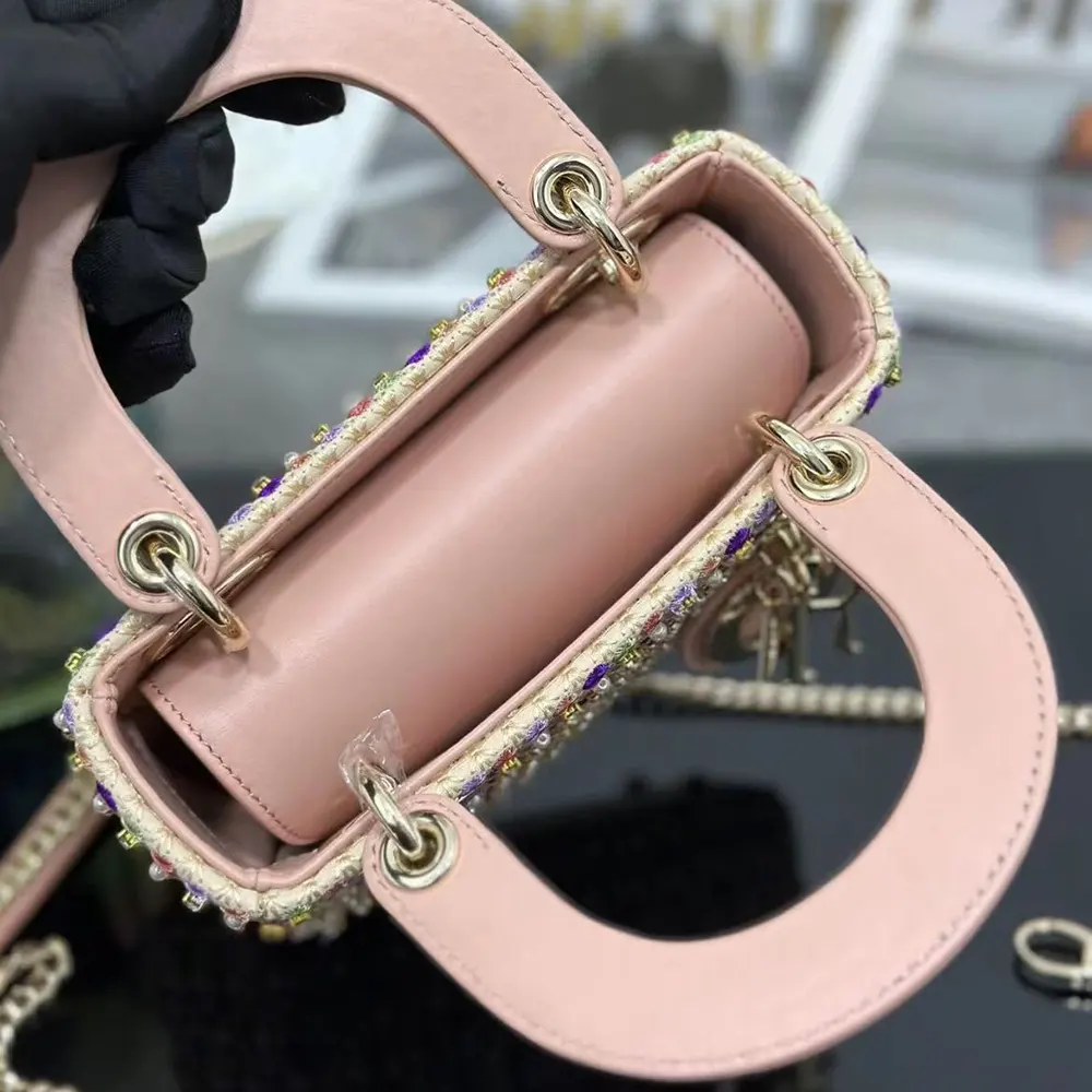 Dior Women Lady Dior Bag Metallic Calfskin and Satin with Celestial Pink Bead Embroidery - image 6