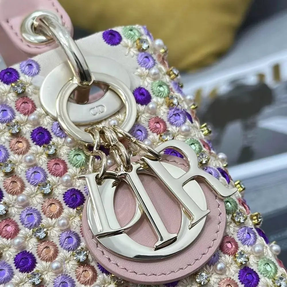 Dior Women Lady Dior Bag Metallic Calfskin and Satin with Celestial Pink Bead Embroidery - image 7