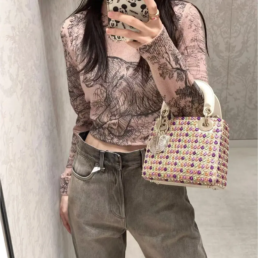 Dior Women Lady Dior Bag Metallic Calfskin and Satin with Celestial Pink Bead Embroidery - image 8