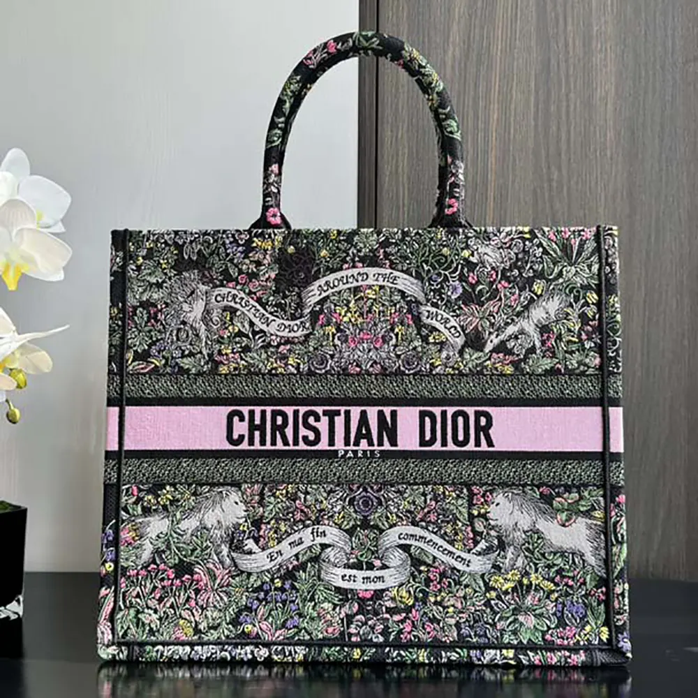 Close-up of black embroidery detail on Dior Women Large Dior Book Tote