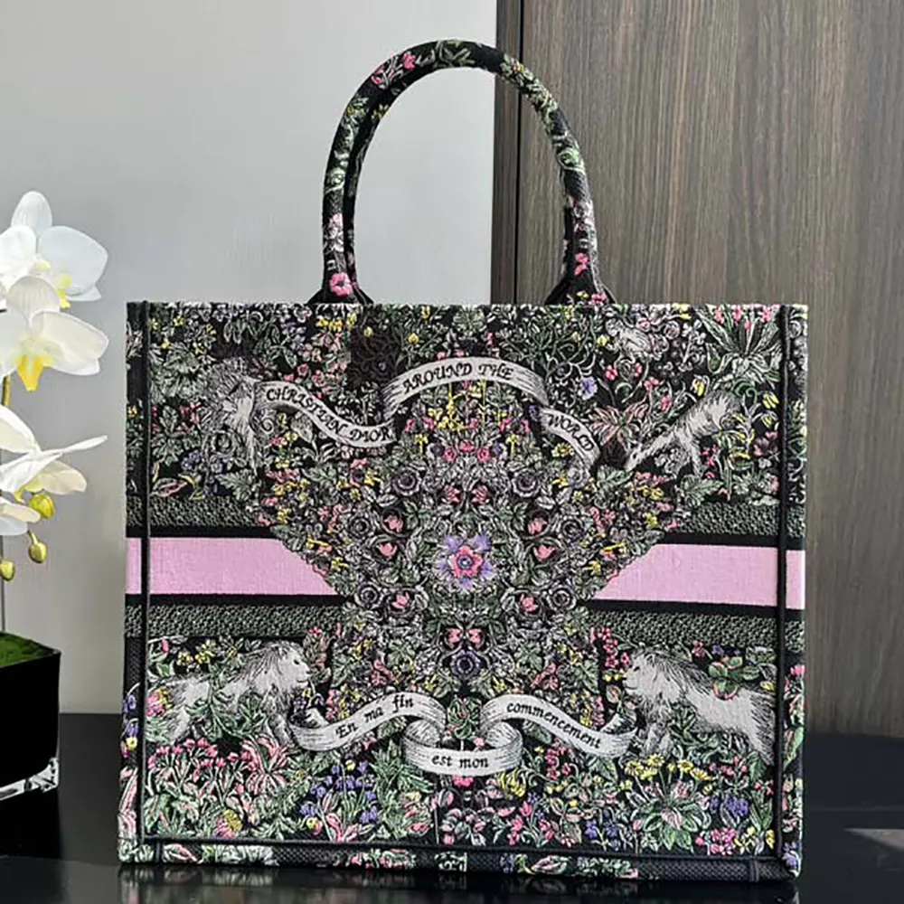 Side angle showing silhouette of Dior Women Large Dior Book Tote Black Embroidery