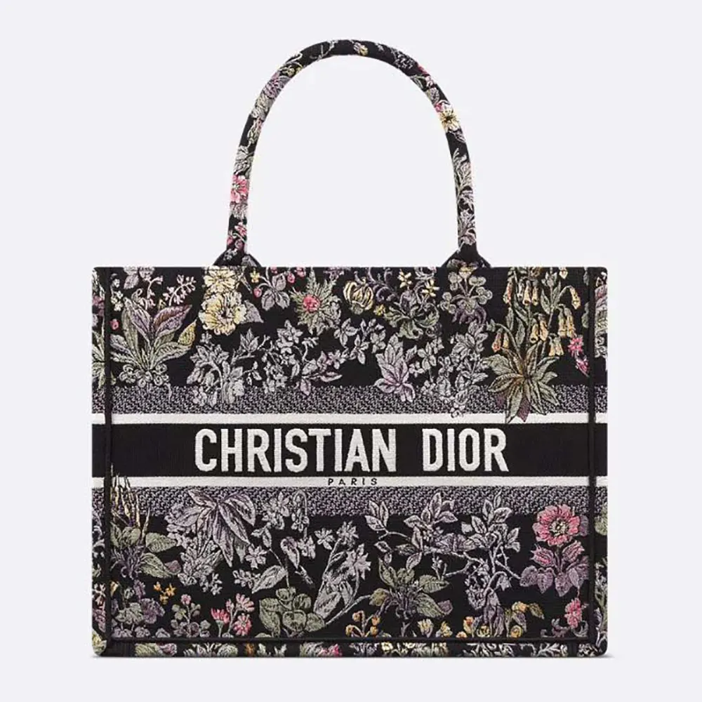 Front view of Dior Women Medium Dior Book Tote Black Embroidery with unicorn motif