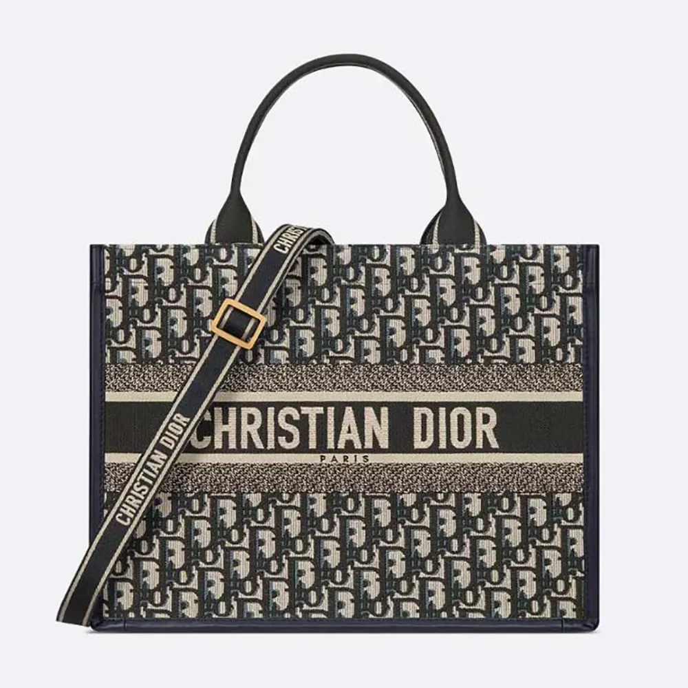 Front view of Dior Women Medium Dior Book Tote Blue Dior Oblique Embroidery