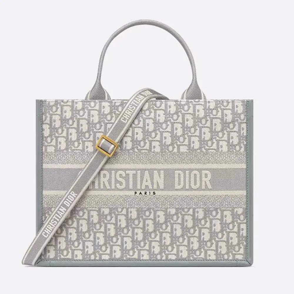 Front view of Dior Women Medium Dior Book Tote Gray Dior Oblique Embroidery