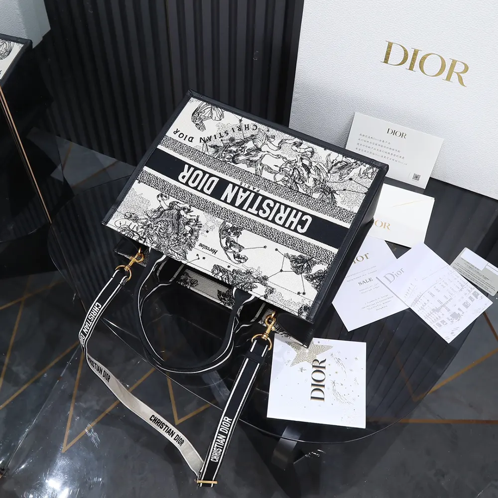 Dior Women Medium Dior Book Tote Latte and Black Dior Zodiac Embroidery with Black Calfskin - image 4