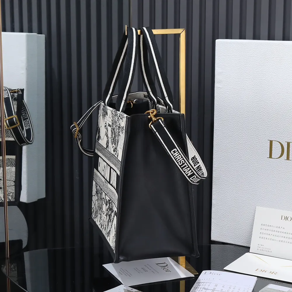 Dior Women Medium Dior Book Tote Latte and Black Dior Zodiac Embroidery with Black Calfskin - image 6
