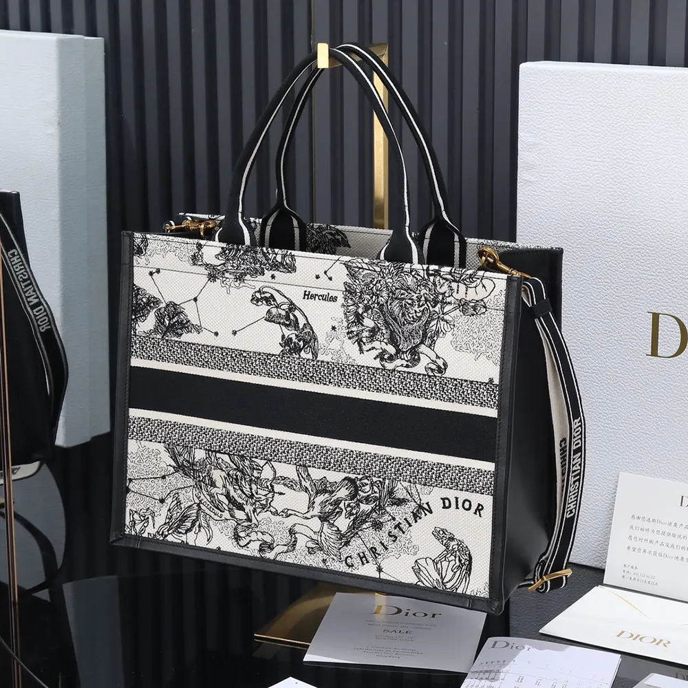 Dior Women Medium Dior Book Tote Latte and Black Dior Zodiac Embroidery with Black Calfskin - image 5