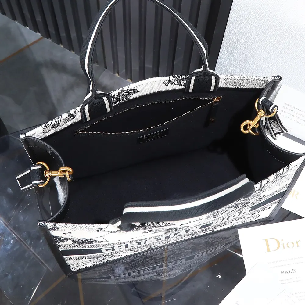 Dior Women Medium Dior Book Tote Latte and Black Dior Zodiac Embroidery with Black Calfskin - image 9