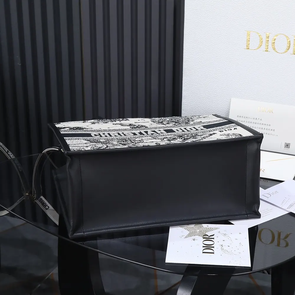 Dior Women Medium Dior Book Tote Latte and Black Dior Zodiac Embroidery with Black Calfskin - image 7