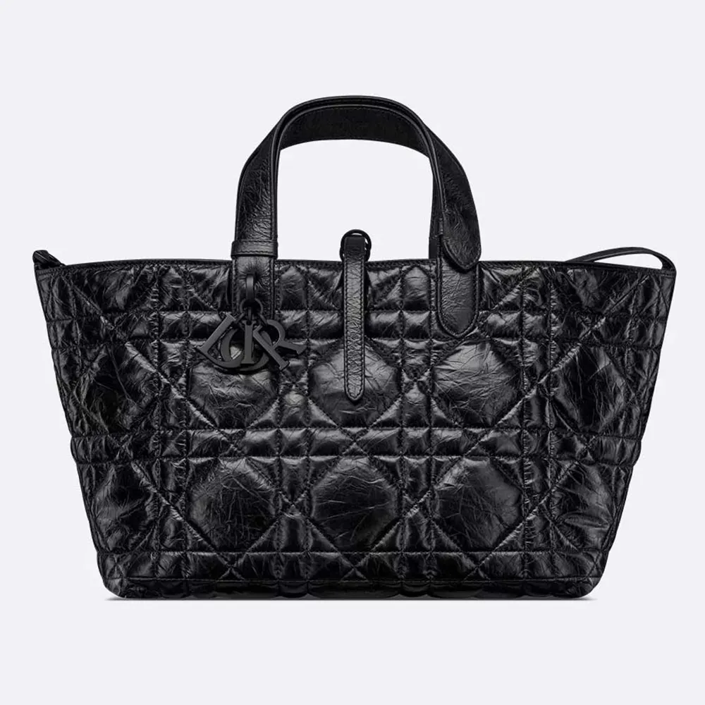 Front view of Dior Women Medium Dior Toujours Bag Black Macrocannage Crinkled Calfskin