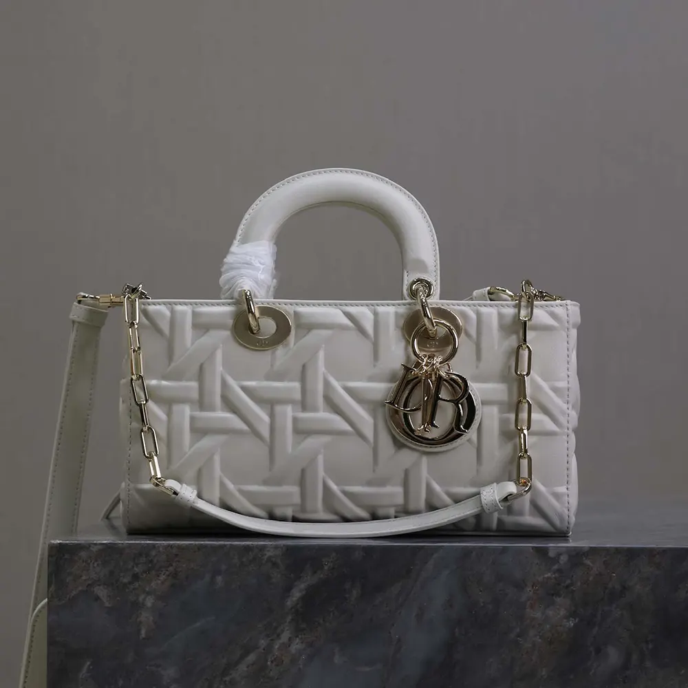 Side profile showing silver-tone clasp and strap of Dior Women Medium Lady D-Joy Bag
