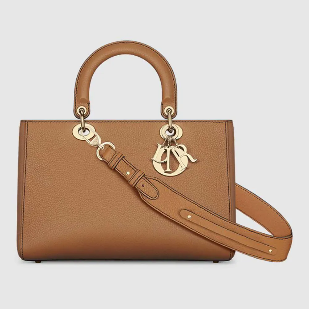 Front view of Dior Women Medium Lady D-Sire My ABCDior Bag Dark Brandy Taurillon Leather
