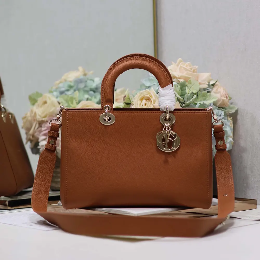 Close-up of silver Dior hardware on Medium Lady D-Sire bag in dark brandy leather