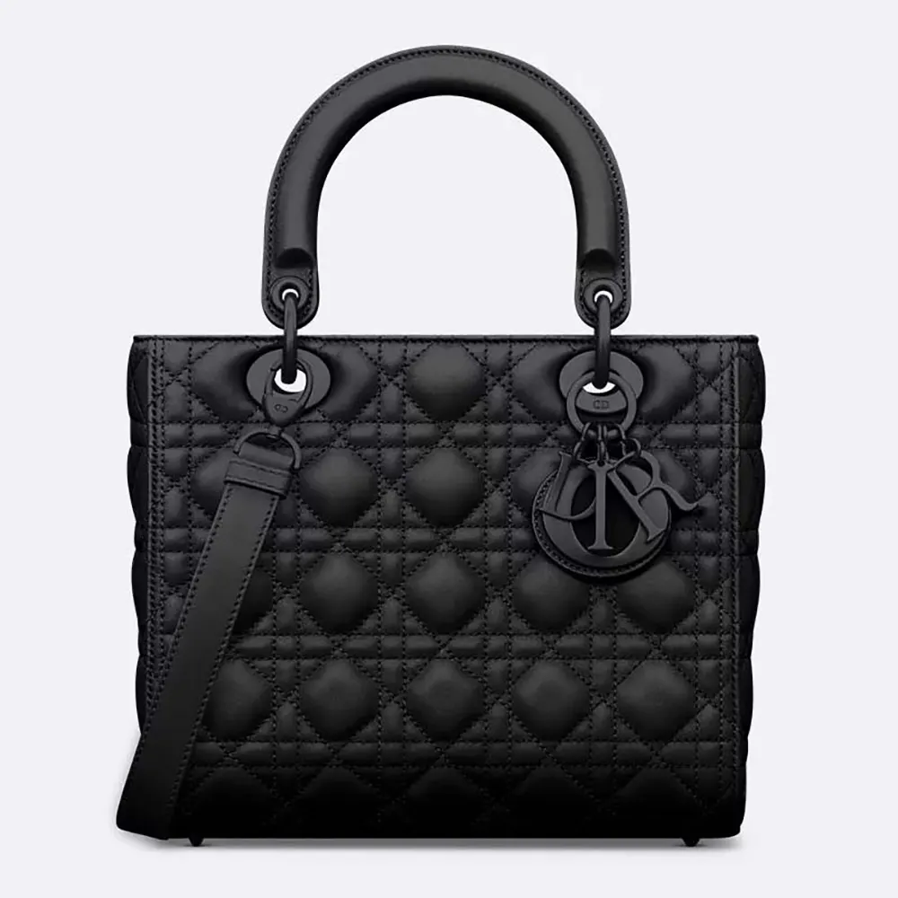 Front view of Dior Women Medium Lady Dior Bag Black Ultramatte Cannage Calfskin