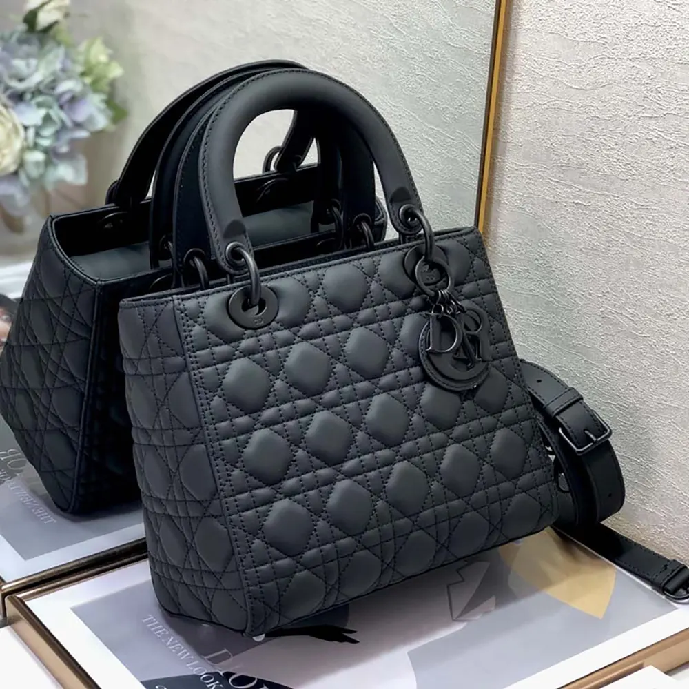 Side profile showing structured silhouette of Dior Women Medium Lady Dior Bag