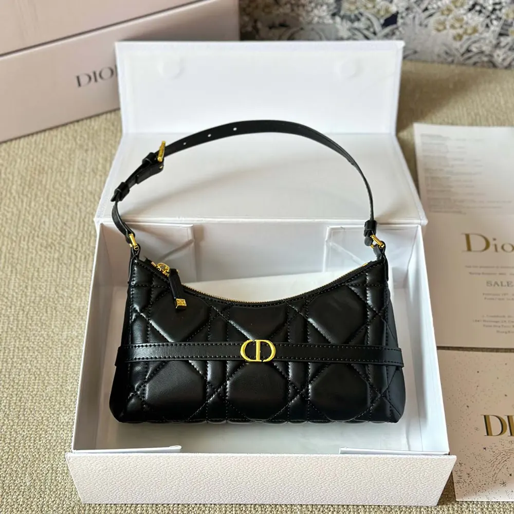 Side angle showing silhouette and black lambskin texture of Dior Women Miss Caro Cigale Mini Bag