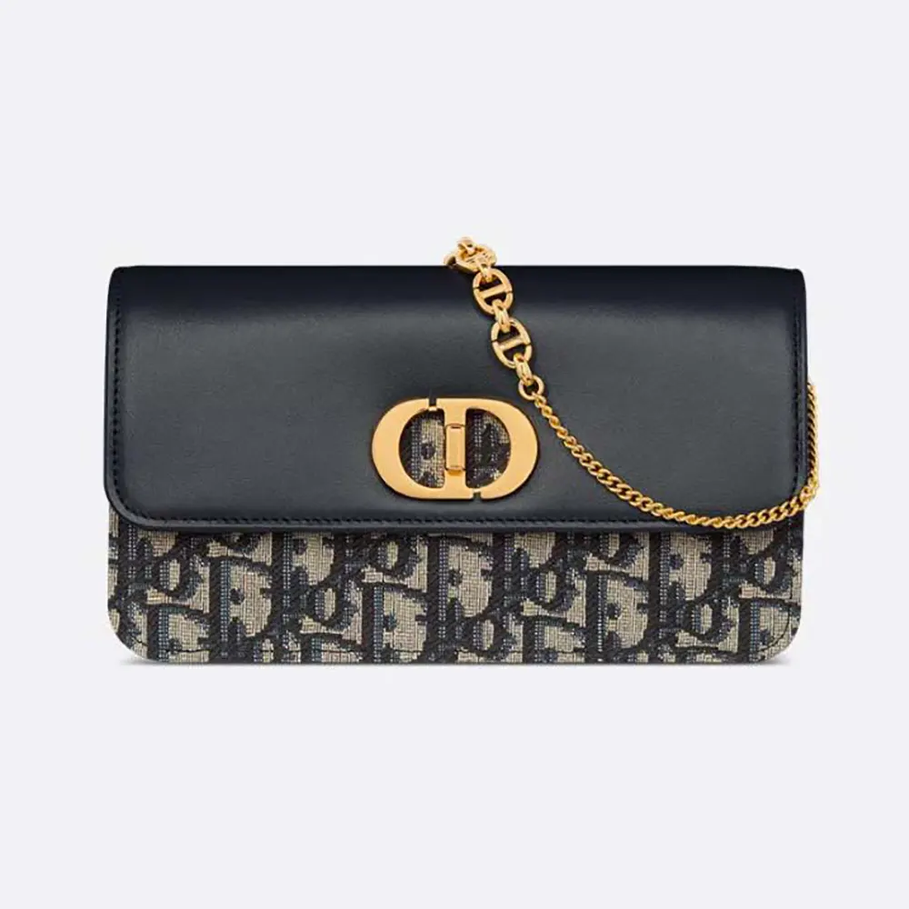 Front view of Dior Women Miss Caro Pouch with Chain in blue jacquard
