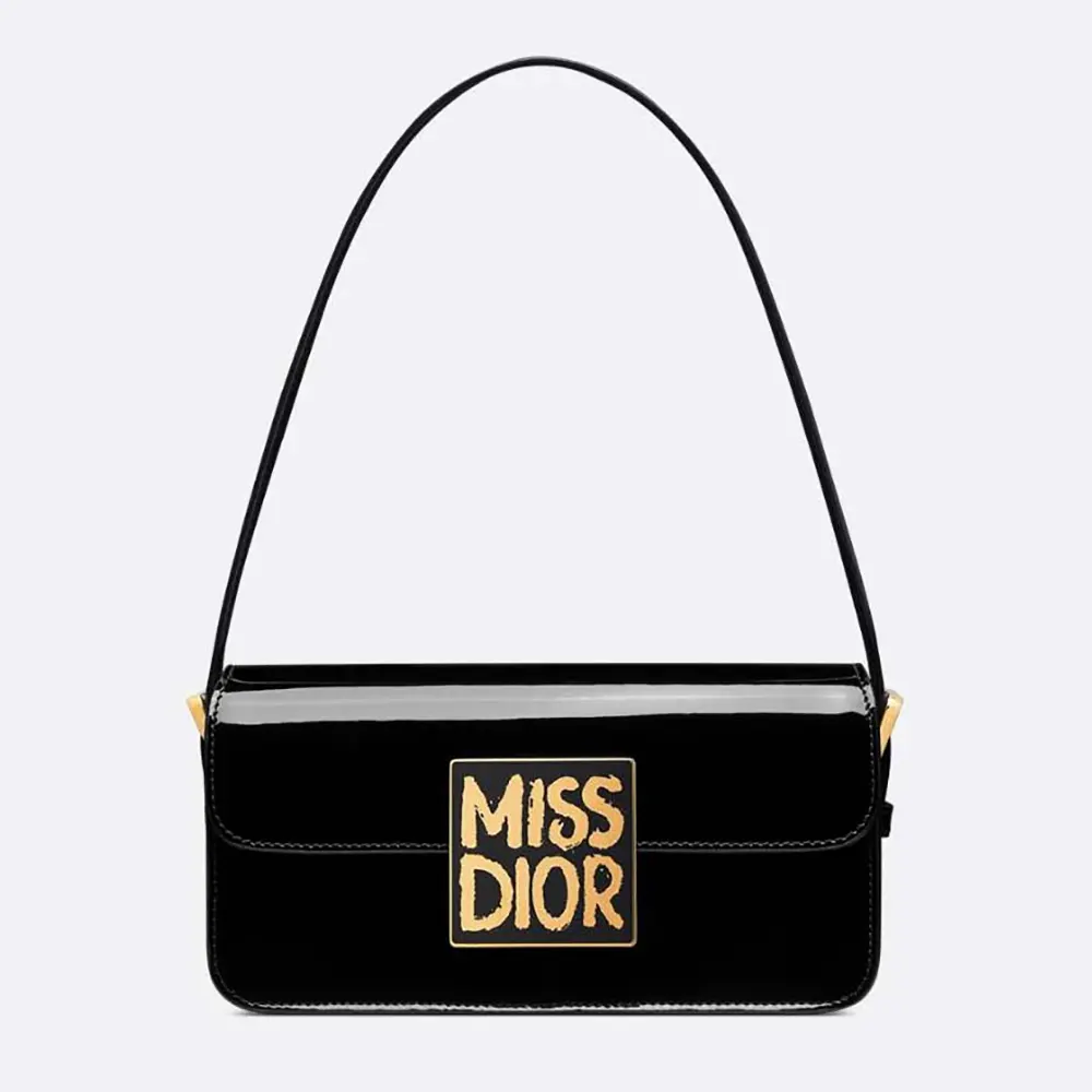 Front view of Dior Women Miss Dior Flap Bag Black Patent Calfskin