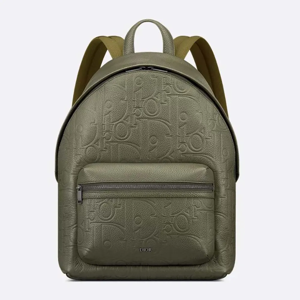 Front view of Dior Unisex Rider 2.0 Zipped Backpack Khaki in dark green leather