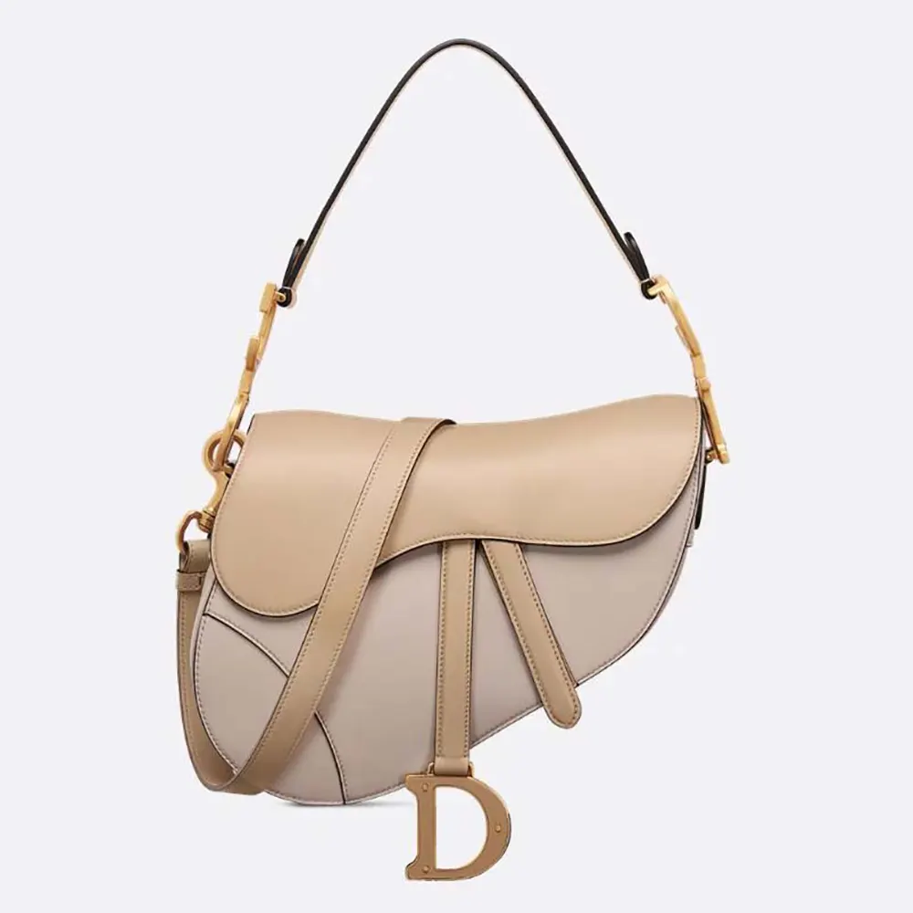 Front view of Dior Women Saddle Bag with two-tone beige calfskin