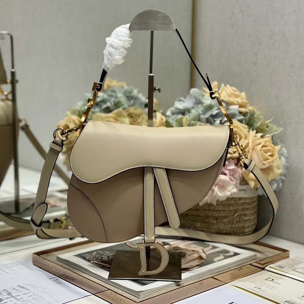 Close-up of gold-tone Dior 'D' hardware on Saddle Bag strap