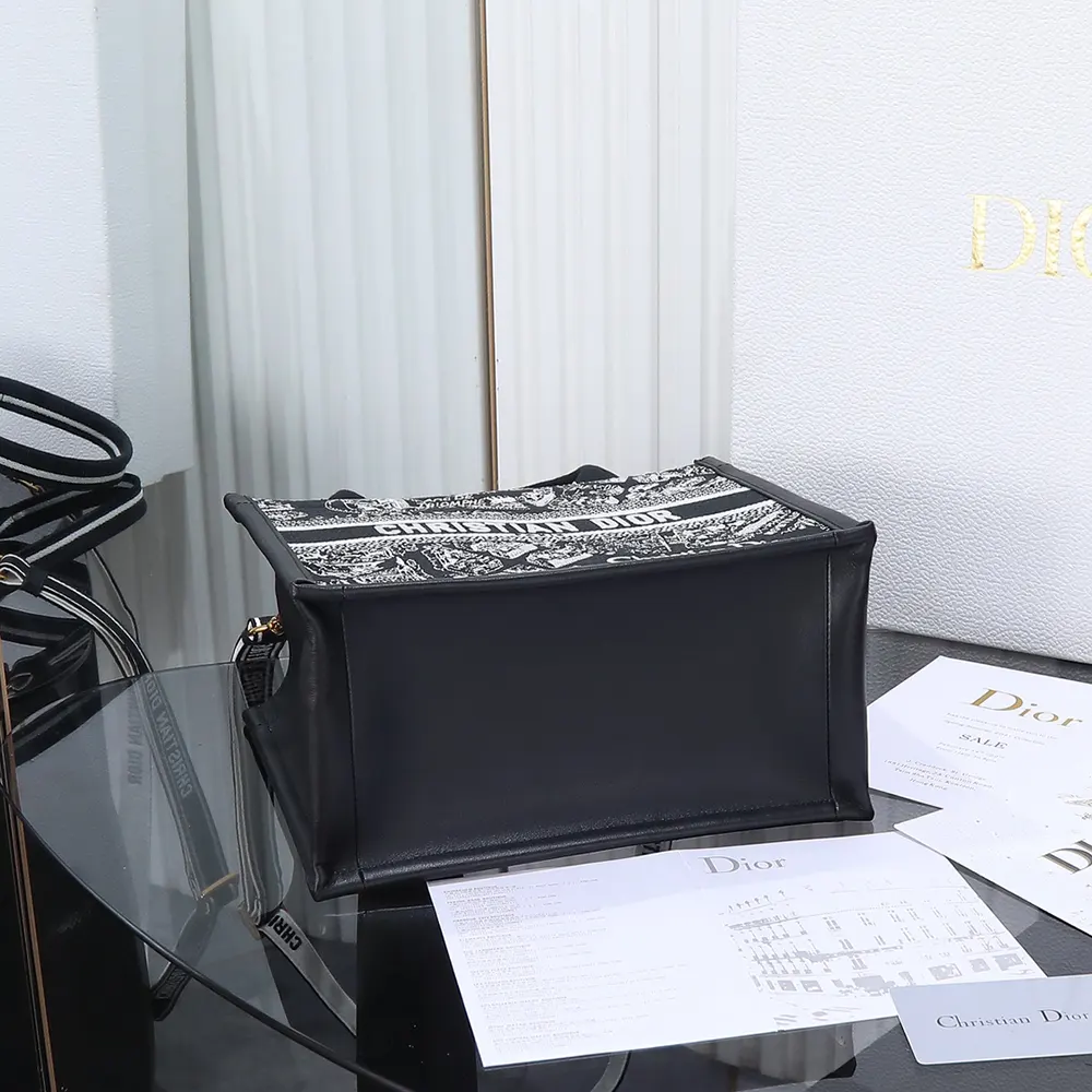 Dior Women Small Dior Book Tote Black and White Plan de Paris Embroidery with Black Calfskin - image 7