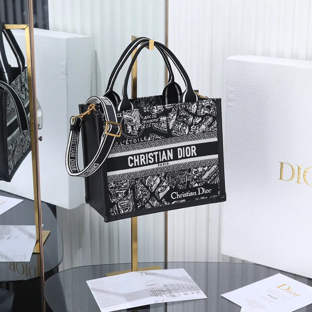 Close-up of black calfskin and embroidery detail on Dior Women Small Dior Book Tote