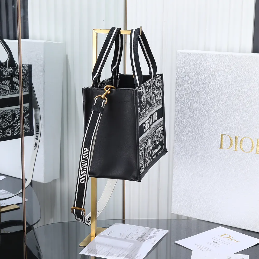 Dior Women Small Dior Book Tote Black and White Plan de Paris Embroidery with Black Calfskin - image 4