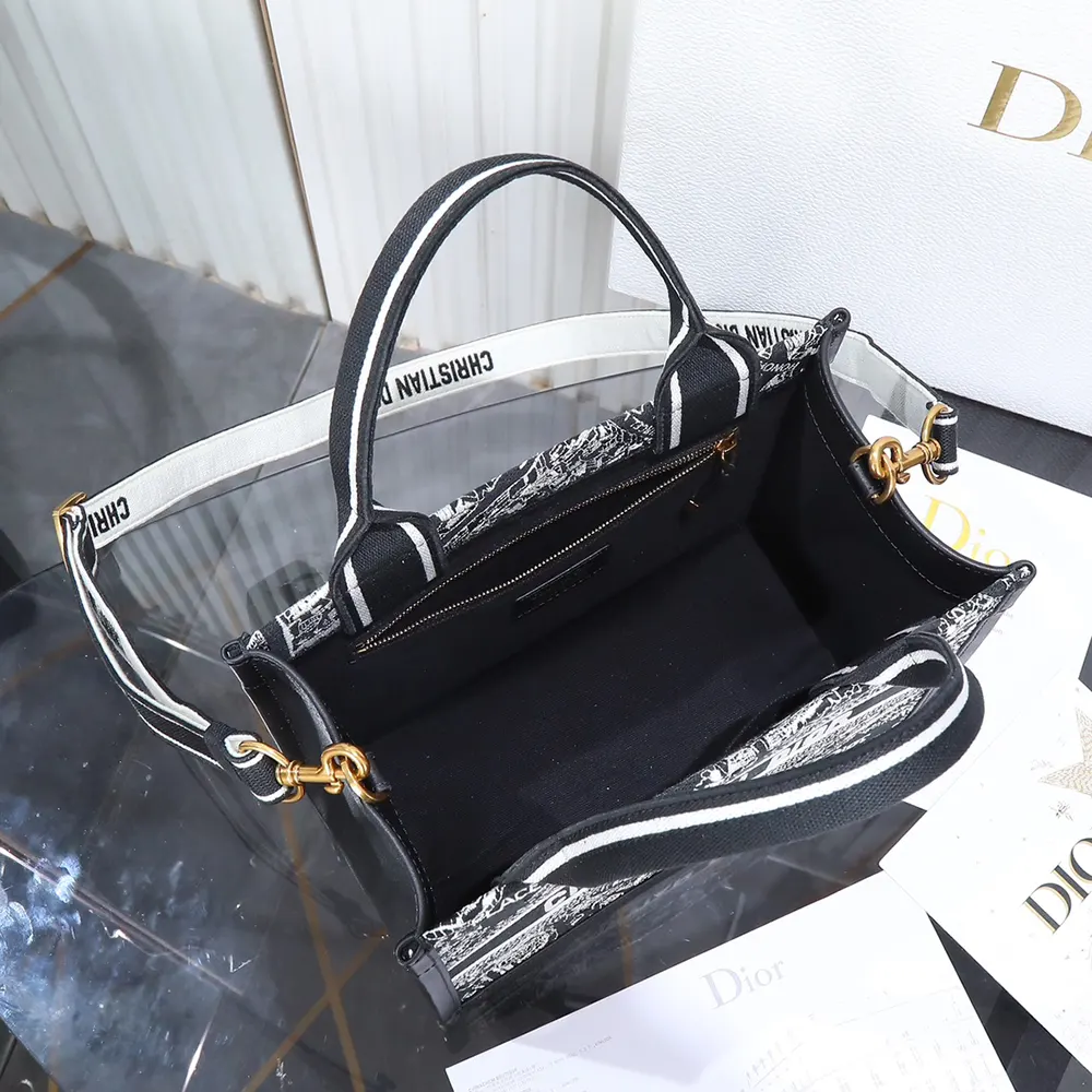 Dior Women Small Dior Book Tote Black and White Plan de Paris Embroidery with Black Calfskin - image 8