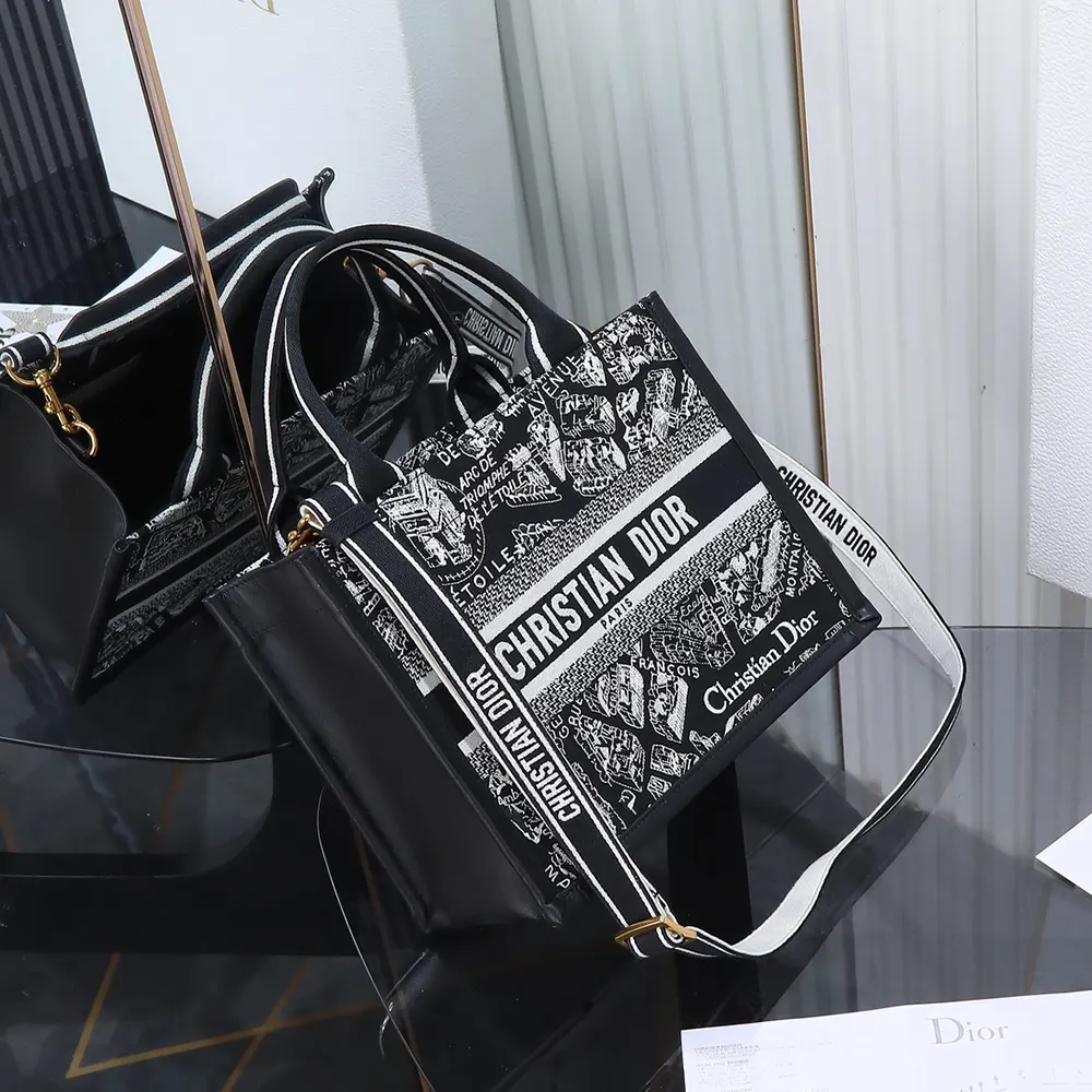 Dior Women Small Dior Book Tote Black and White Plan de Paris Embroidery with Black Calfskin - image 5