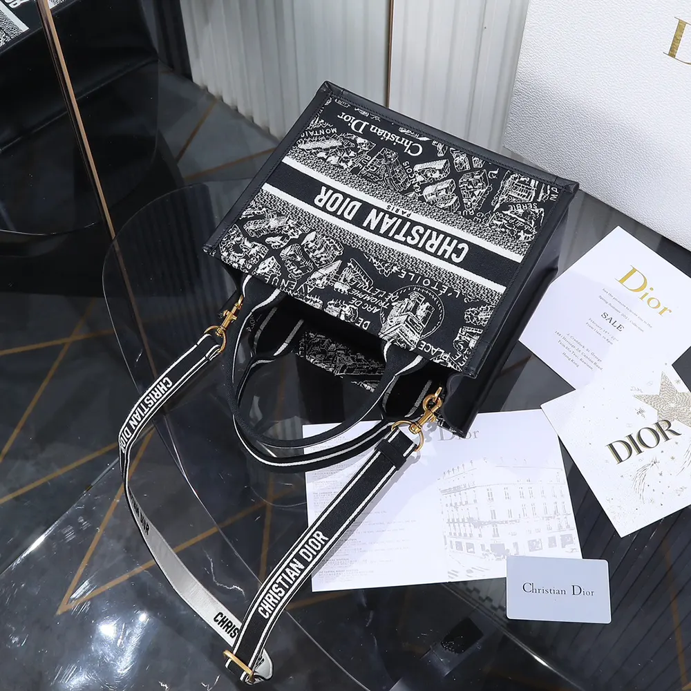 Dior Women Small Dior Book Tote Black and White Plan de Paris Embroidery with Black Calfskin - image 6