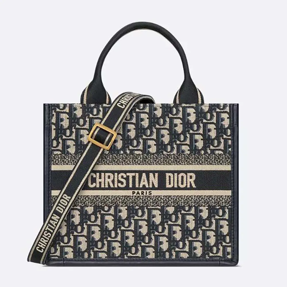 Front view of Dior Women Small Dior Book Tote Blue Dior Oblique Embroidery