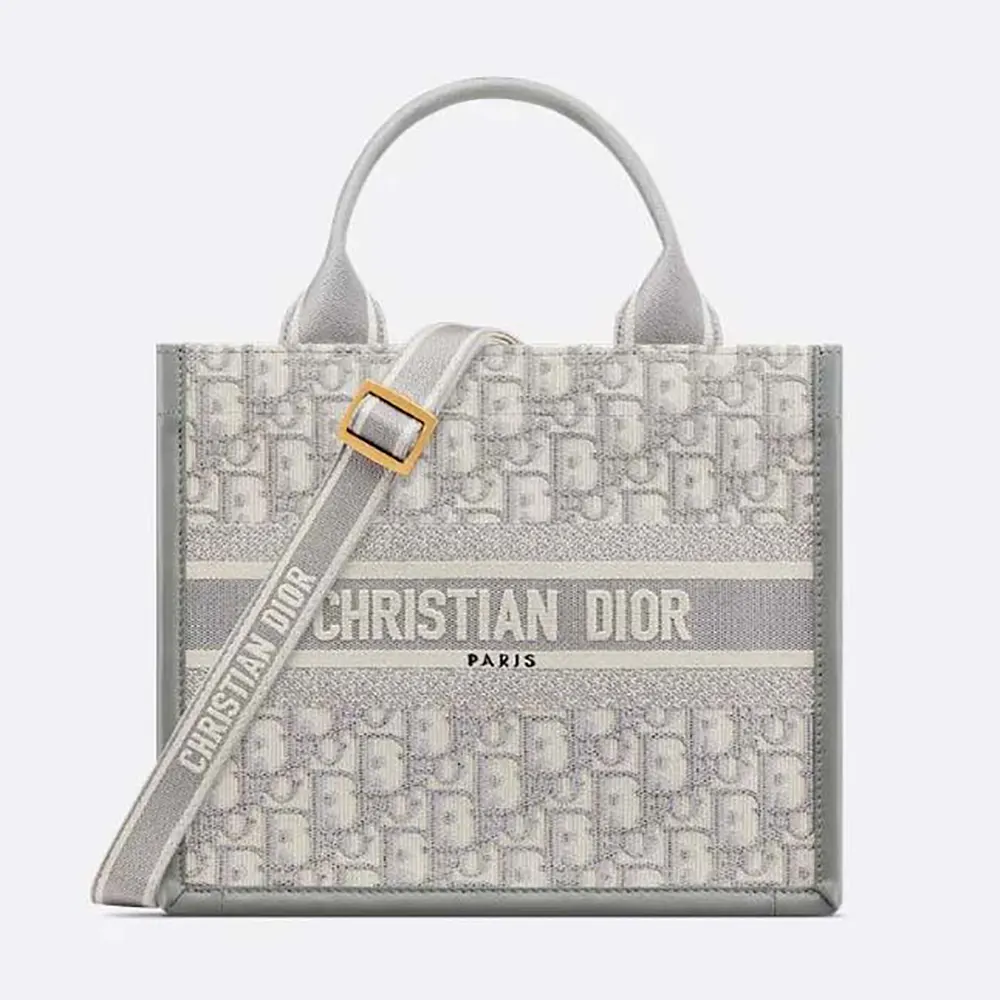 Front view of Dior Women Small Dior Book Tote Gray Dior Oblique Embroidery and Calfskin